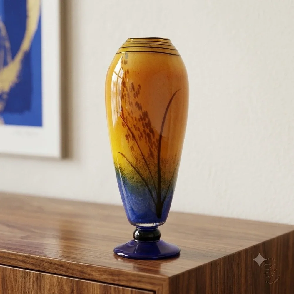 Art Glass Vase Amber Blue Cattail Reed Motif Pedestal Vase